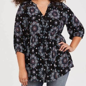 Torrid Womens Plus Size Tunic Black Floral 3/4 Sleeve Rayon Size 3 (3X)